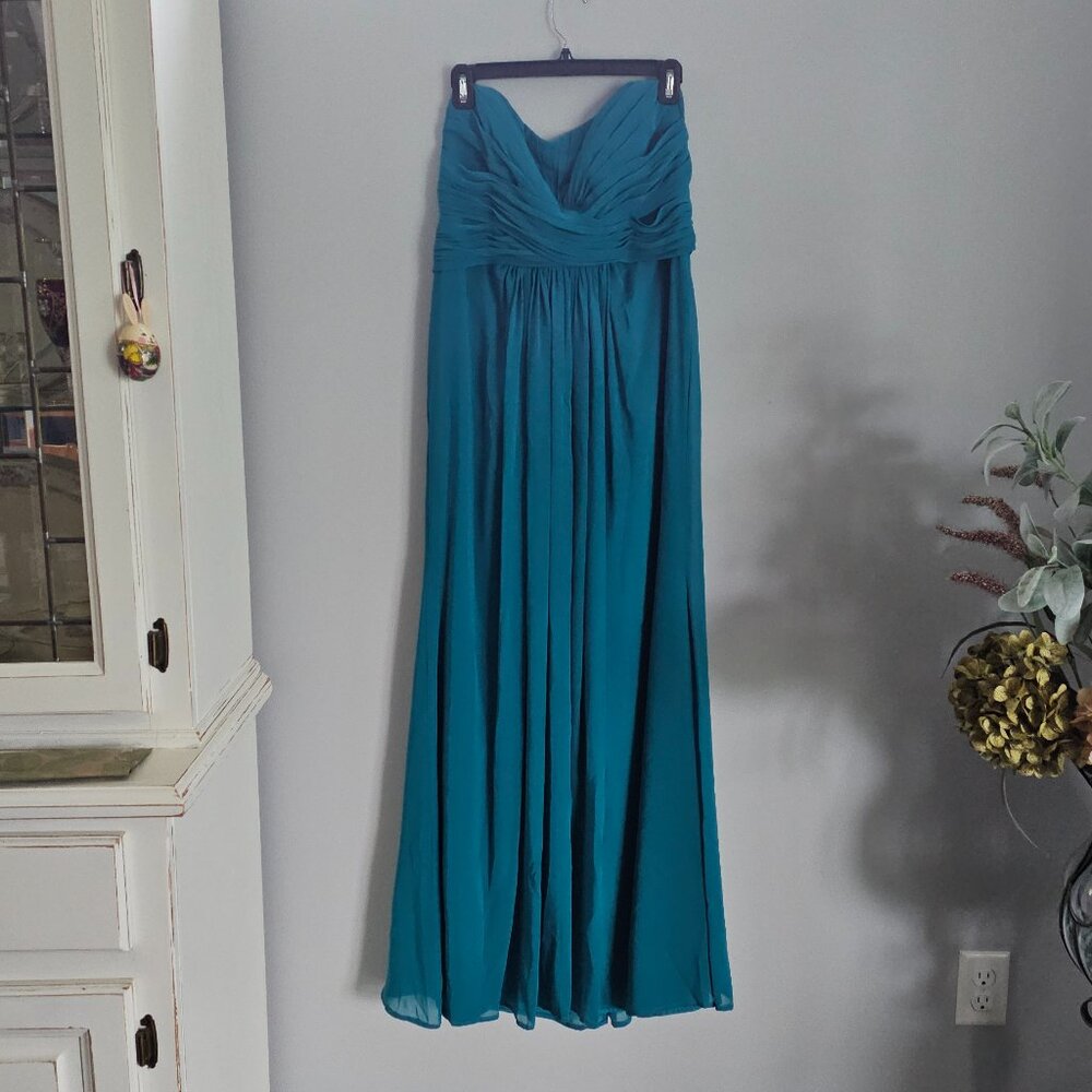 David's Bridal Long Strapless Chiffon Dress with Pleated Bodice - Teal